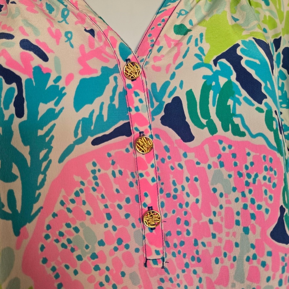 Lilly Pulitzer Pink Blue Coral Print Silk Blouse Sz S Resort Preppy Coastal Chic - Picture 3 of 10